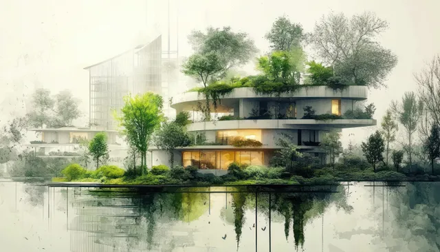 Eco-friendly green building beside calm reflecting water, with trees on layered terraces