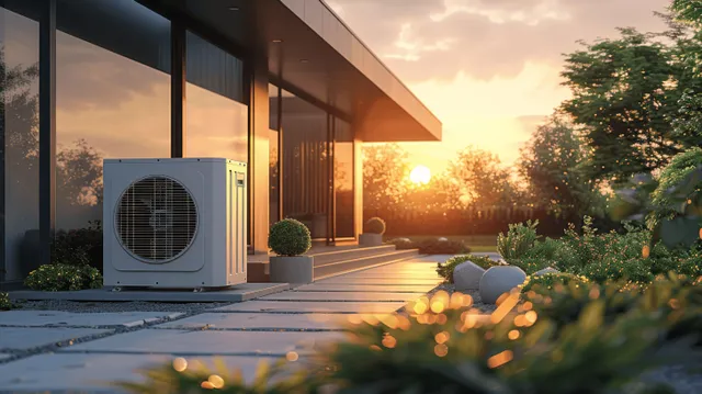 An air source heat pump unit installed beside a modern home exterior at sunset with garden greenery.