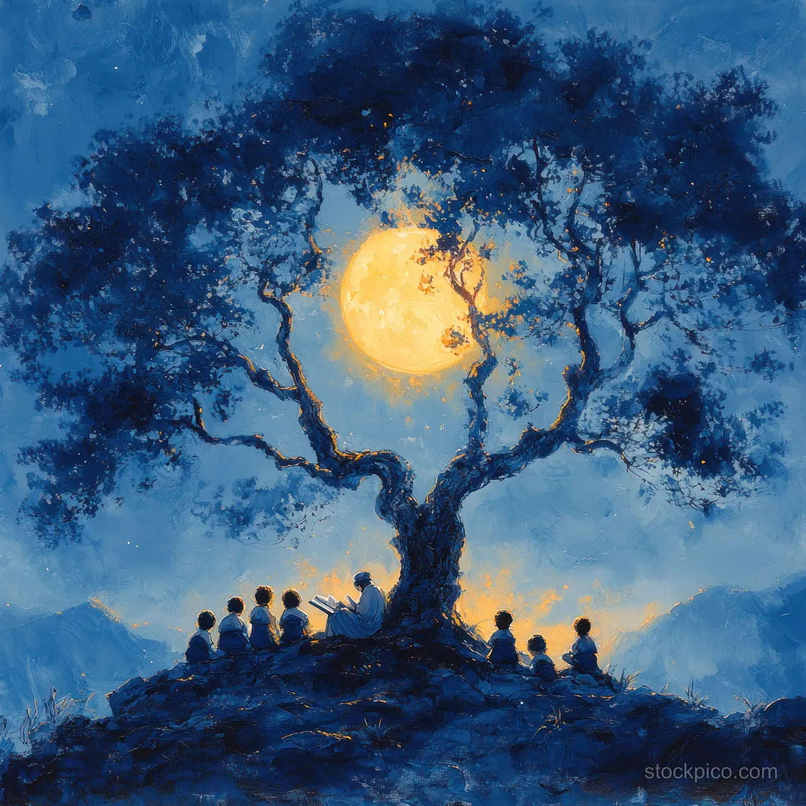 A sage reads to children beneath a large tree as a full moon glows behind it in ink-wash style.