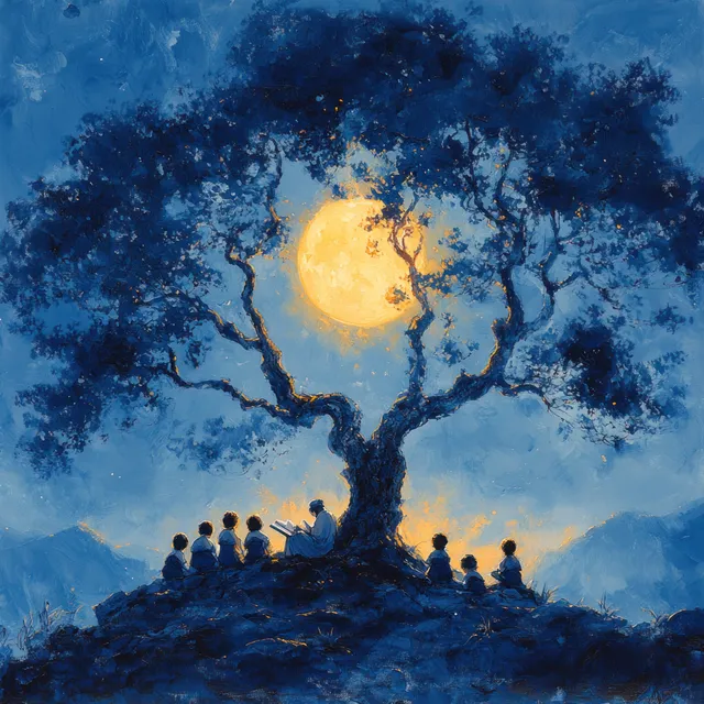 A sage reads to children beneath a large tree as a full moon glows behind it in ink-wash style.