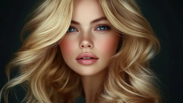 Close-up blonde woman portrait with long wavy hair in dramatic chiaroscuro lighting with Center Face Framing