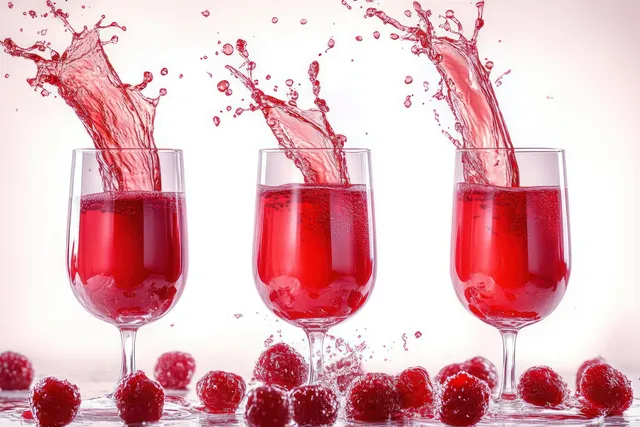 Red cherry juice splashes from stemmed glasses with bubbles and scattered cherries on a white background.