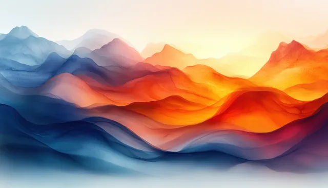 Abstract sunset landscape with blended orange and blue watercolor mountain layers