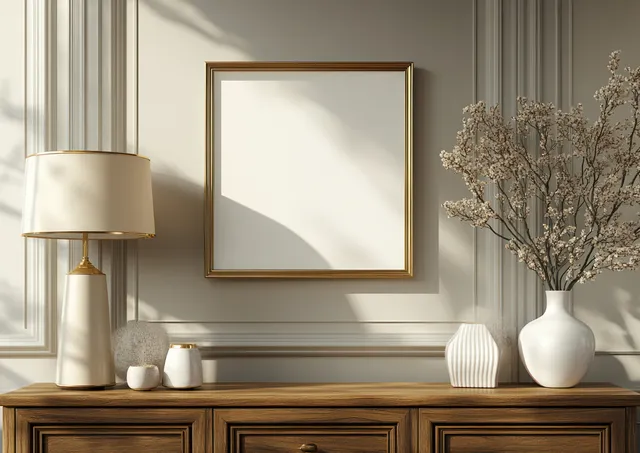 Warm table lamp beside a wooden dresser, with a gold-framed blank artwork and ceramic vases in a minimalist living room.