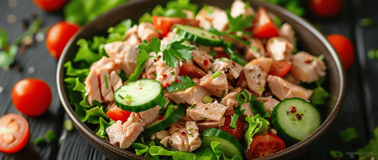 A bowl of salmon salad with cucumber slices and cherry tomatoes on leafy greens, garnished with parsley.