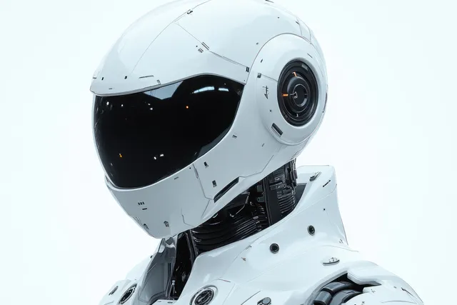 Close-up of a white futuristic robot facing the camera with a dark visor, smooth metal panels, and circular module.