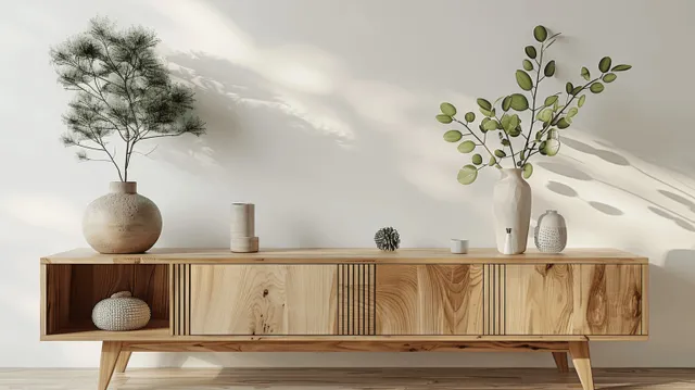 Light wood sideboard against a white beige wall with decorative vases and small potted plants on top.