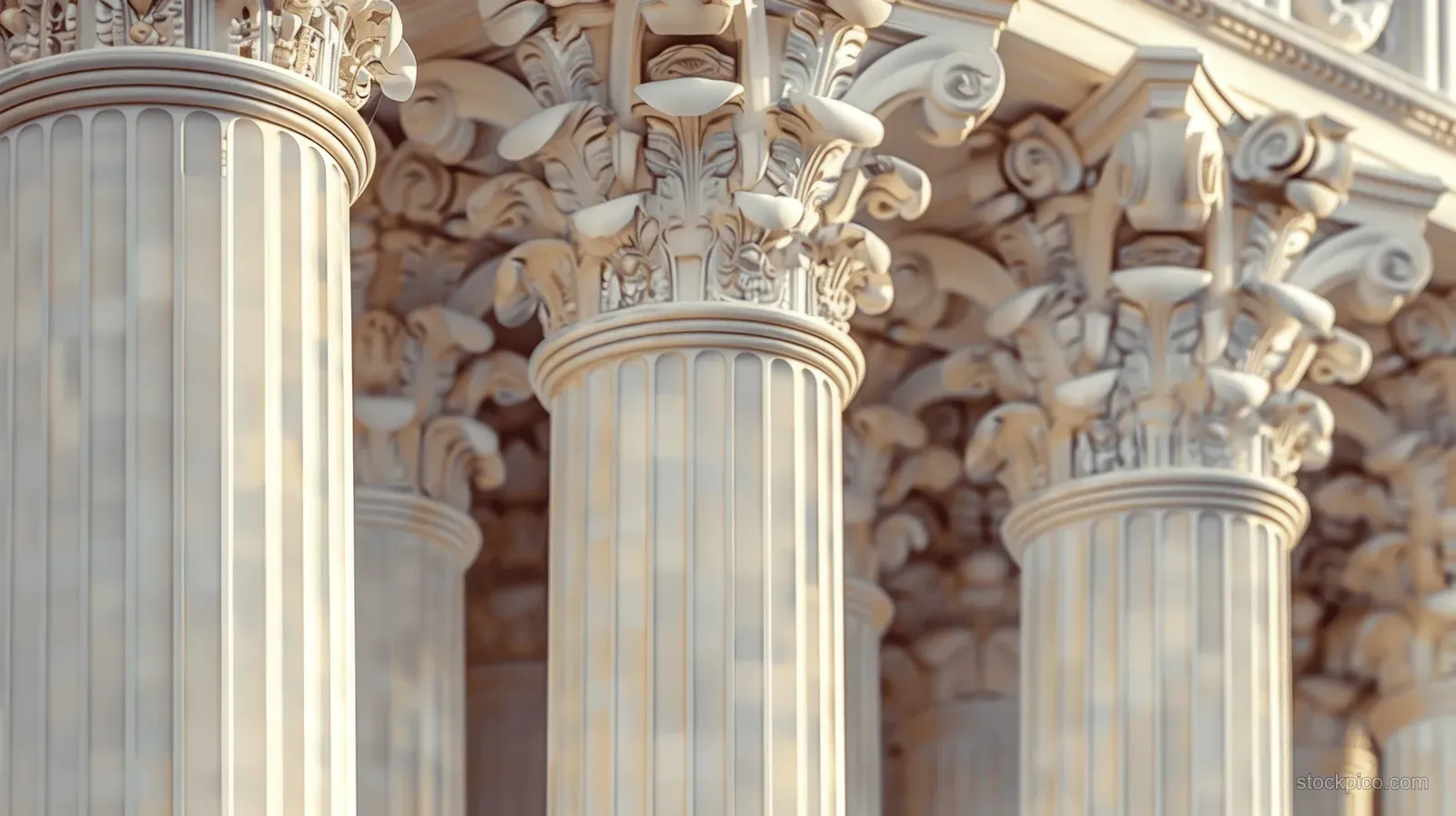 Close-up of pale marble Greek-style columns with ornate carved capitals in a sunlit colonnade.