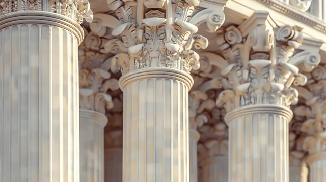 Close-up of classical Greek marble columns and ornate capitals in a sunlit colonnade