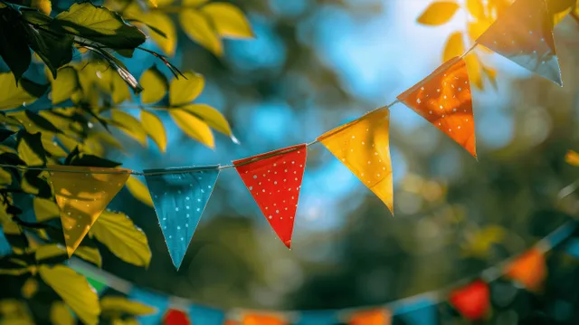 Colorful bunting pennant strings sway in summer garden breeze against blue sky
