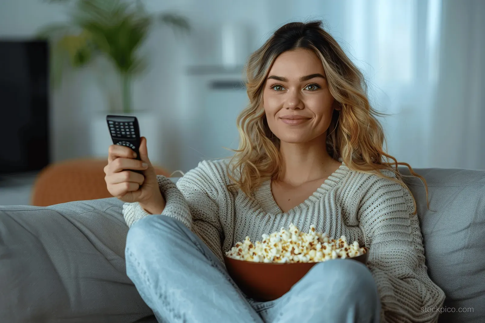 Smiling woman lounges on a sofa holding a TV remote and a bowl of popcorn.