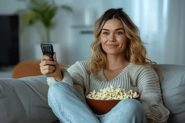 Smiling woman holding remote and popcorn while relaxing on a sofa indoors