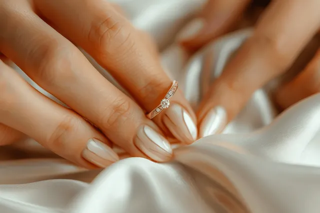 Woman’s hands with a diamond ring and glossy manicured nails rest on silky satin fabric.