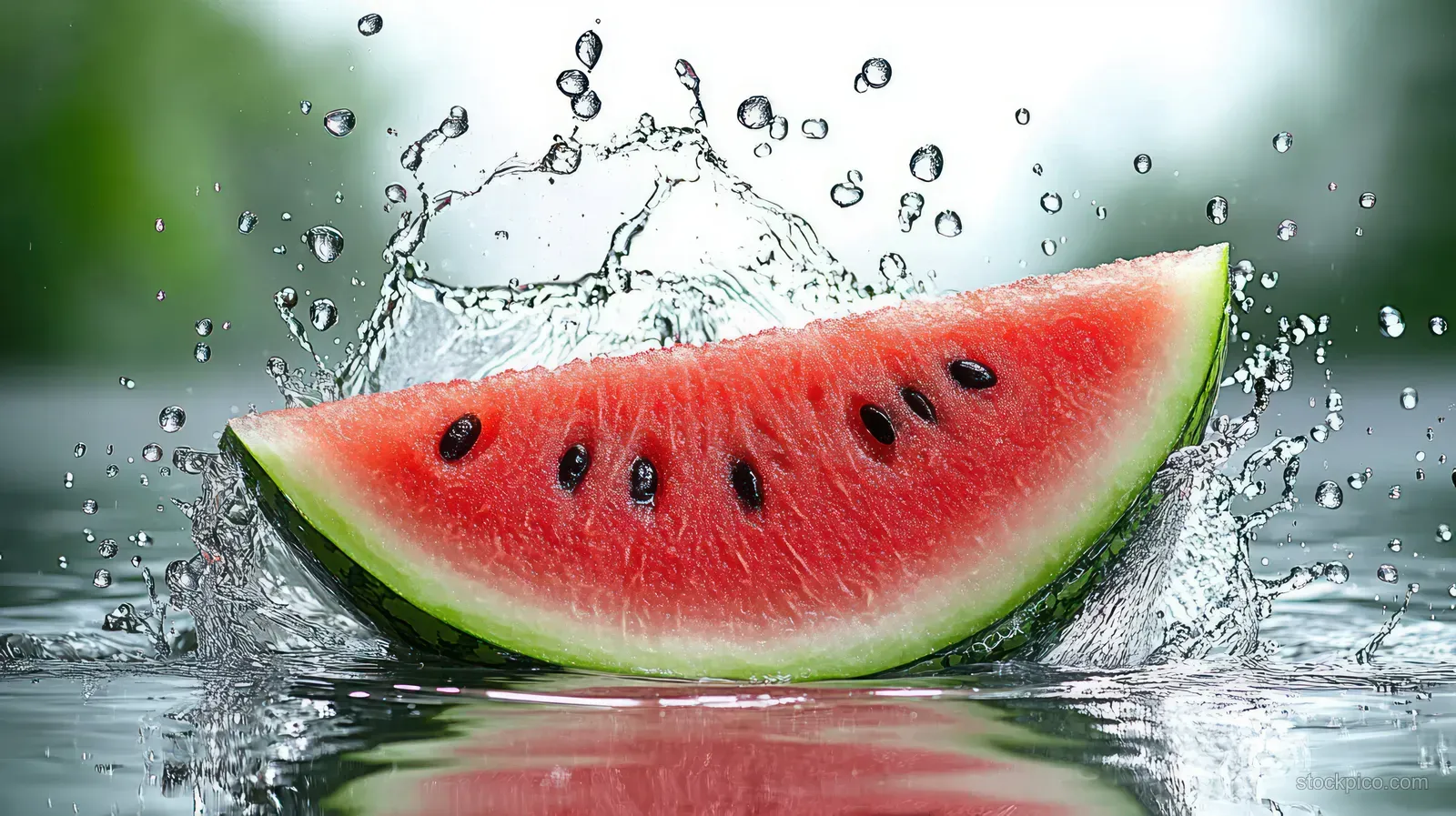 Red watermelon slice splashing into clear water with droplets in midair and reflections on the wet surface.