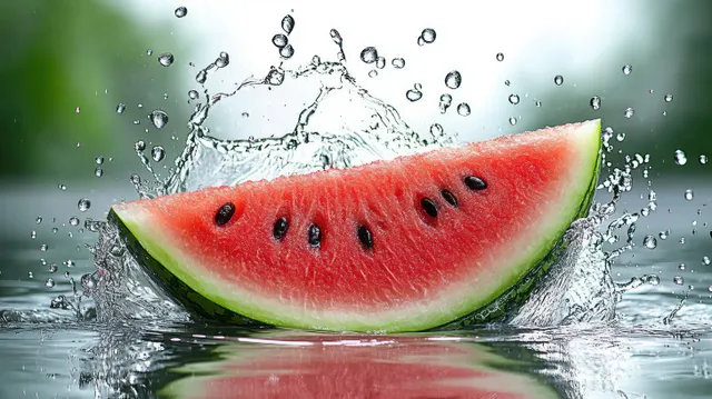 Red watermelon slice splashing into clear water with droplets in midair and reflections on the wet surface.