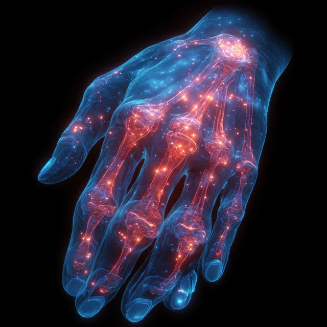 Glowing 3D X-ray style hand with highlighted inflamed joints in the palm and wrist.