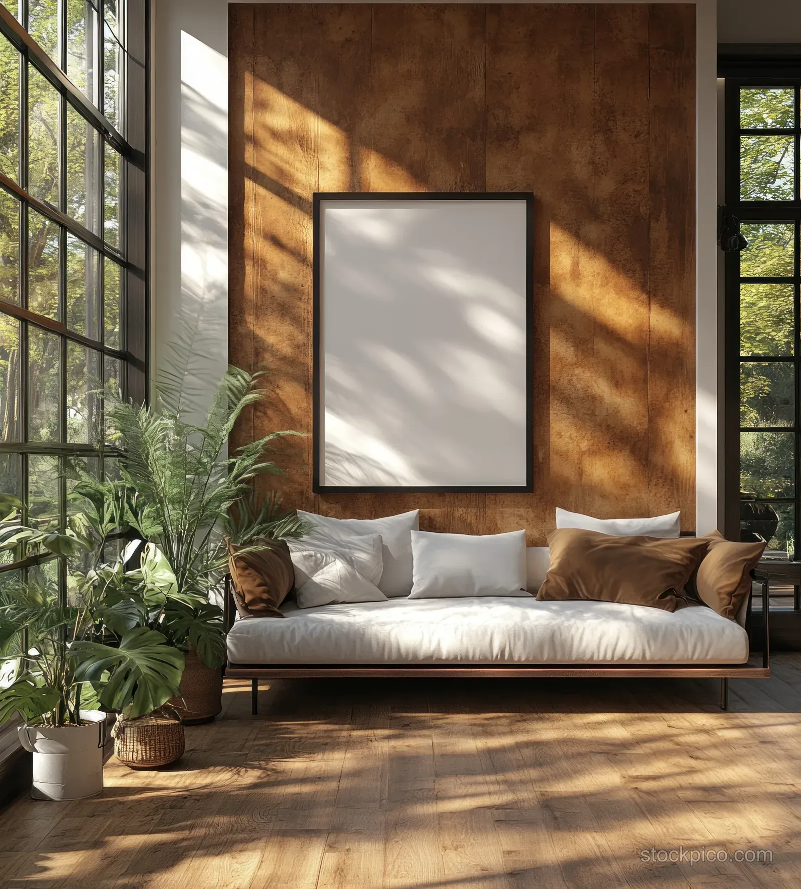 Blank large picture frame above a minimalist sofa in a sunlit room with indoor plants and wooden flooring.