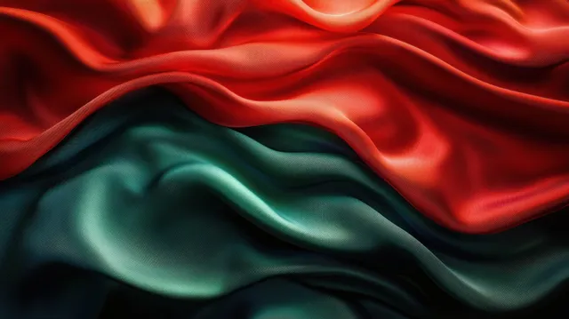 Wavy silk fabric abstract background with rich red and dark green flowing folds