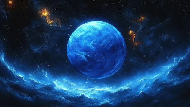 A blue planet floats above glowing clouds in a starry deep space scene.