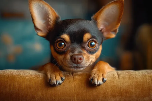 Small brown and tan dog with large ears peeking over soft couch cushion indoors