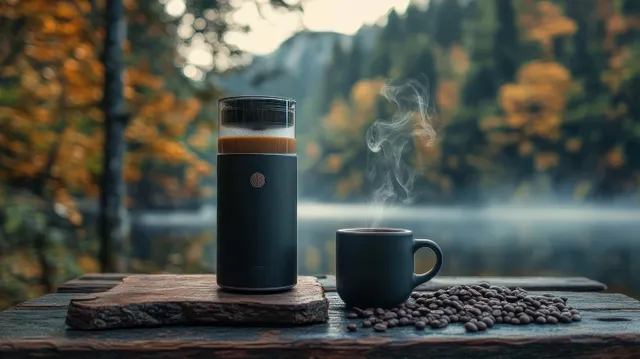 Steaming coffee cup beside modern press on wooden tabletop, autumn forest lake backdrop