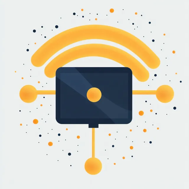Abstract monitor icon with orange wireless signal waves and data dots