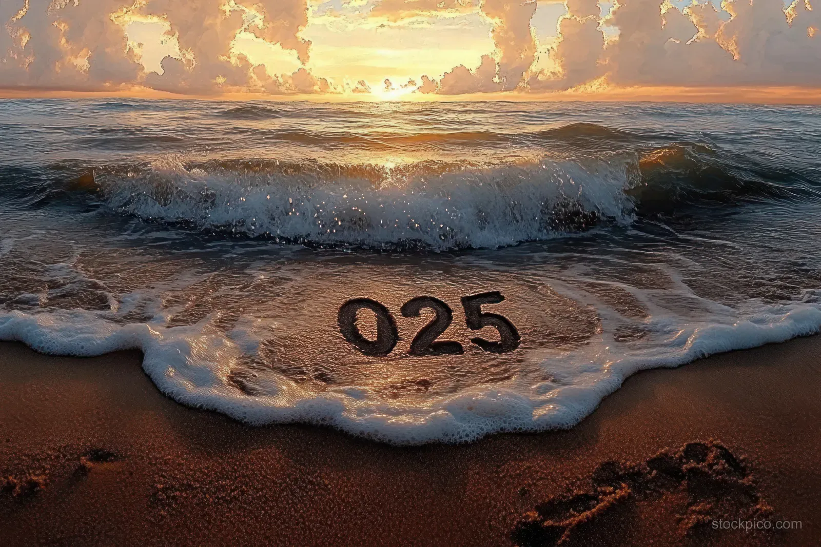 Sunset waves wash over wet sand with the number 025 carved into it.