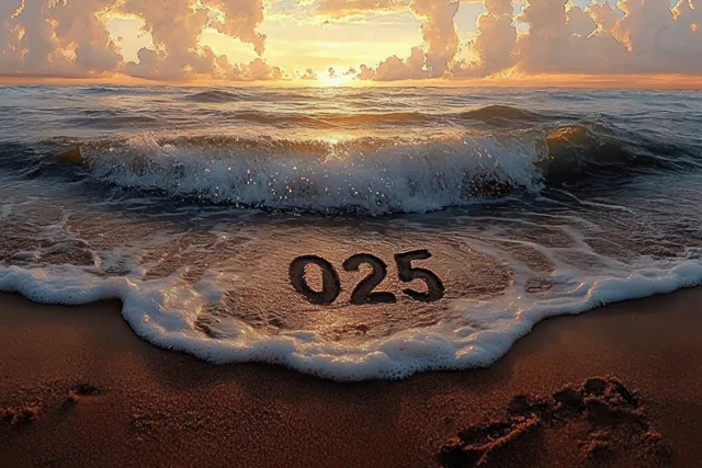 Sunset waves wash over wet sand with the number 025 carved into it.