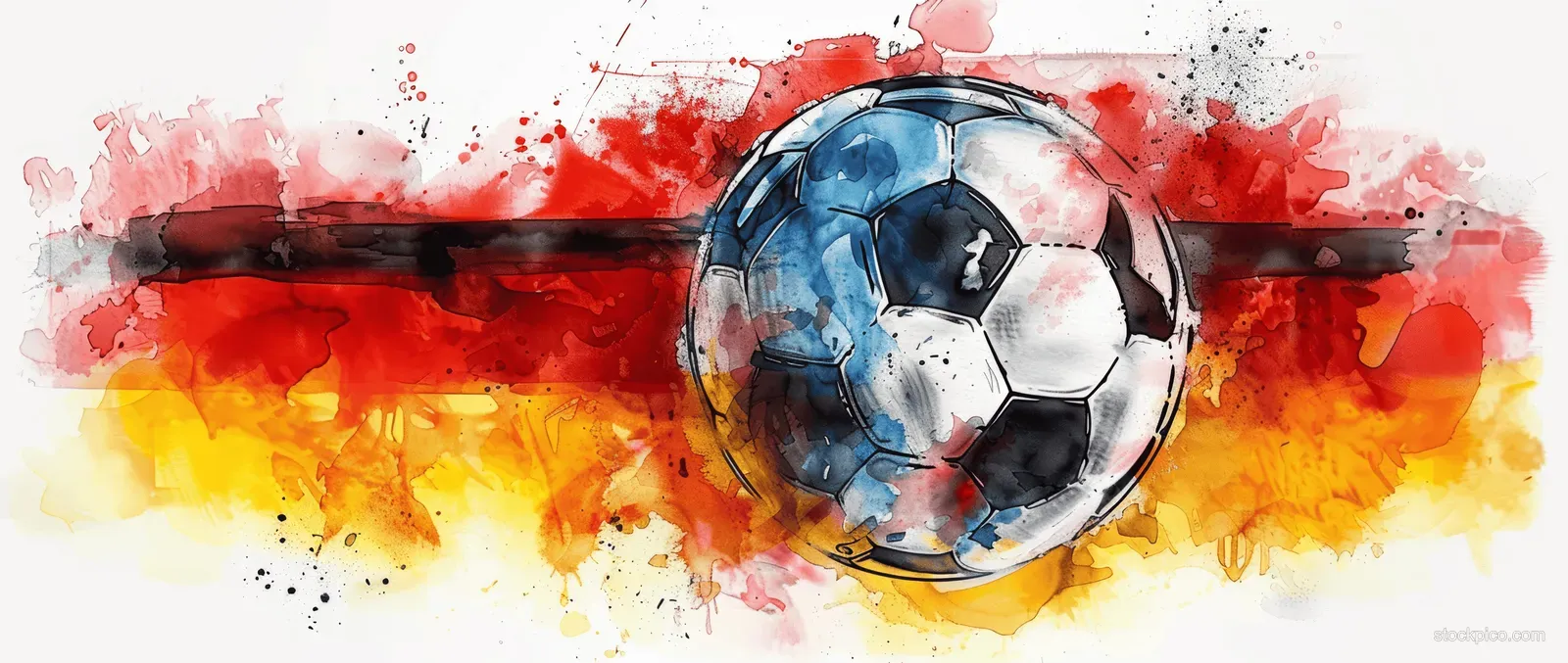 Watercolor soccer ball centered above red, yellow, and black Germany flag splashes.