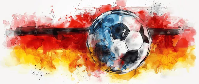 Watercolor soccer ball with Germany flag splashes, European championship trophy vibe