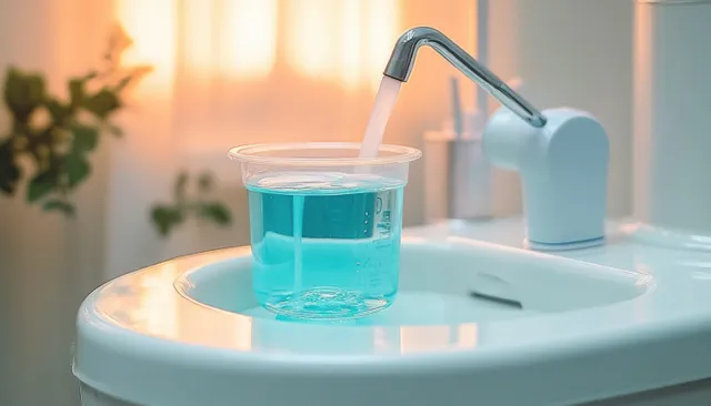 Blue water pours into a clear plastic cup from a dispenser faucet on a white sink.