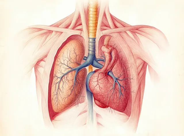 Human torso anatomy illustration showing lungs, heart, and branching bronchial vessels