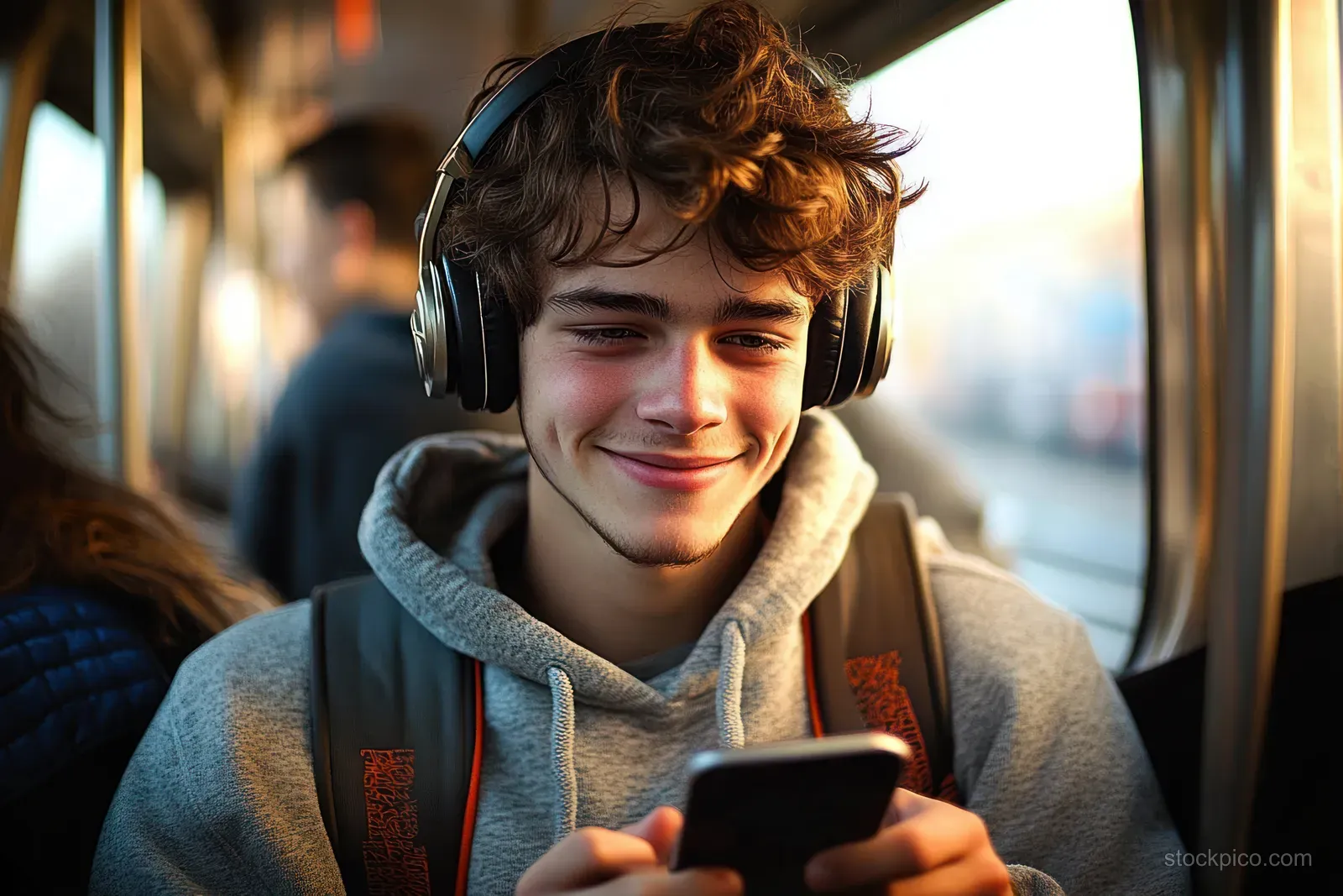 Teen in a gray hoodie listens to music with large headphones while using a smartphone inside a train.