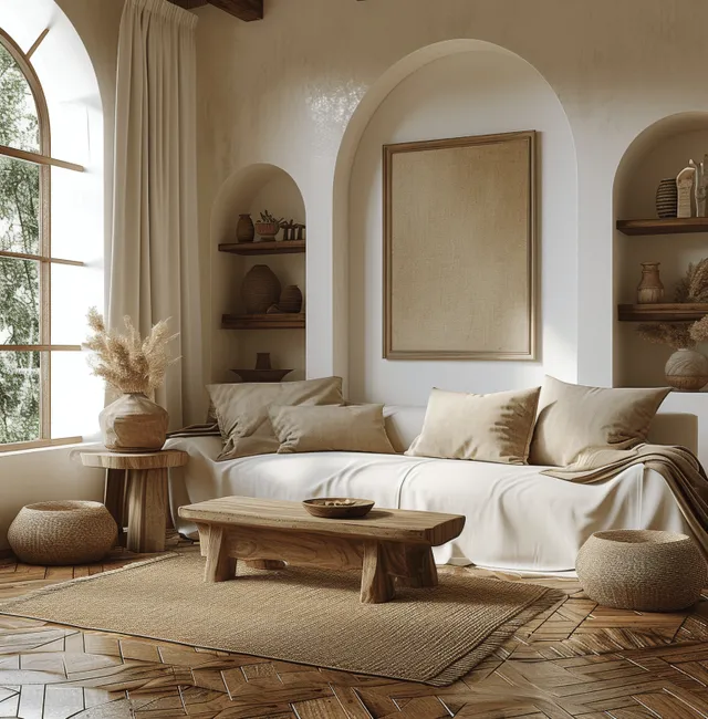 Boho living room interior with a white sofa, arched window, wooden shelves, and a blank framed poster on the wall.