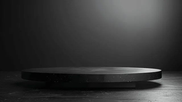 A black circular shelf pedestal rests on a concrete floor under a soft spotlight in a dark studio room.