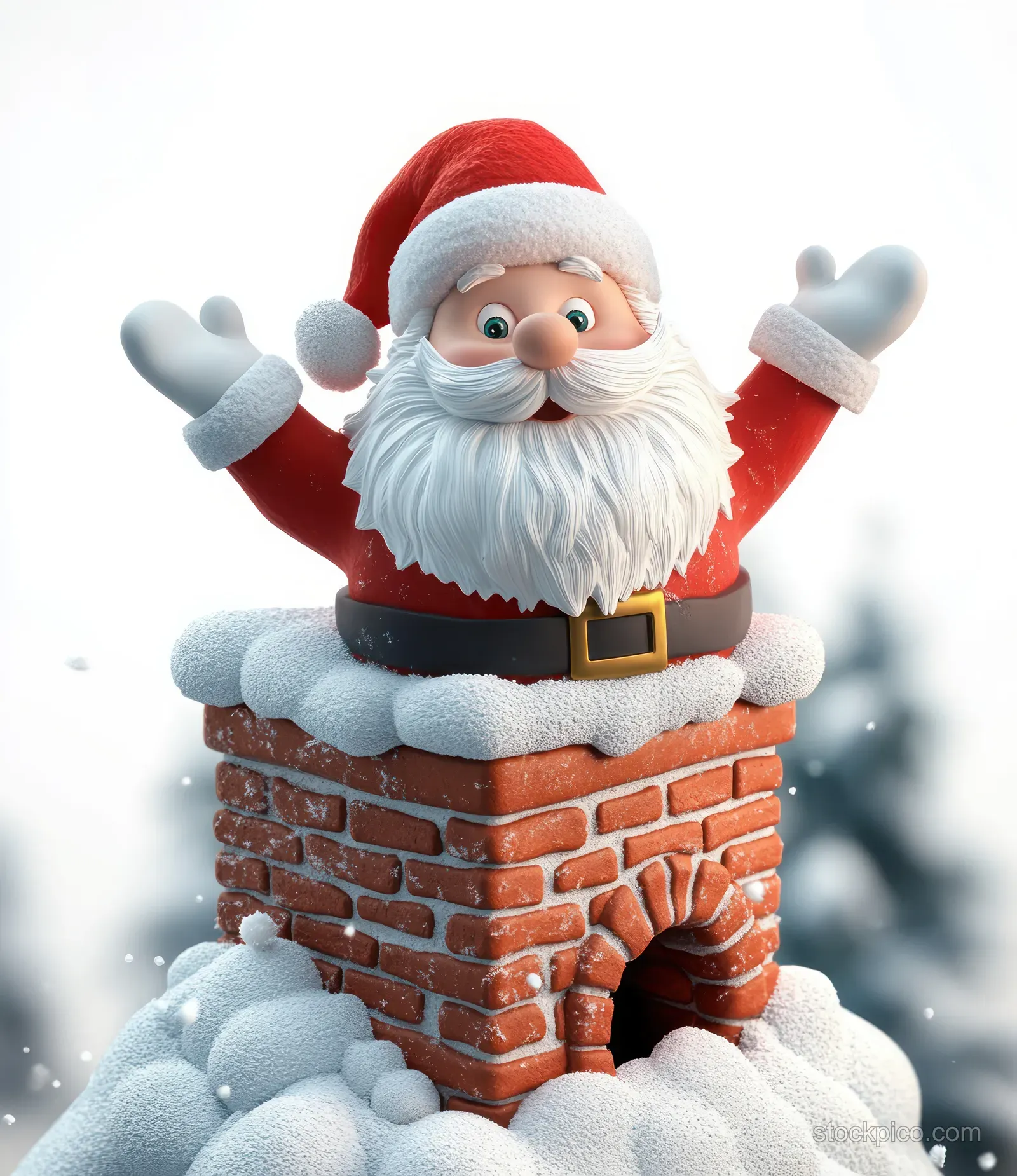 Smiling Santa Claus pops from a snowy brick chimney with raised arms amid falling snow and blurred trees.