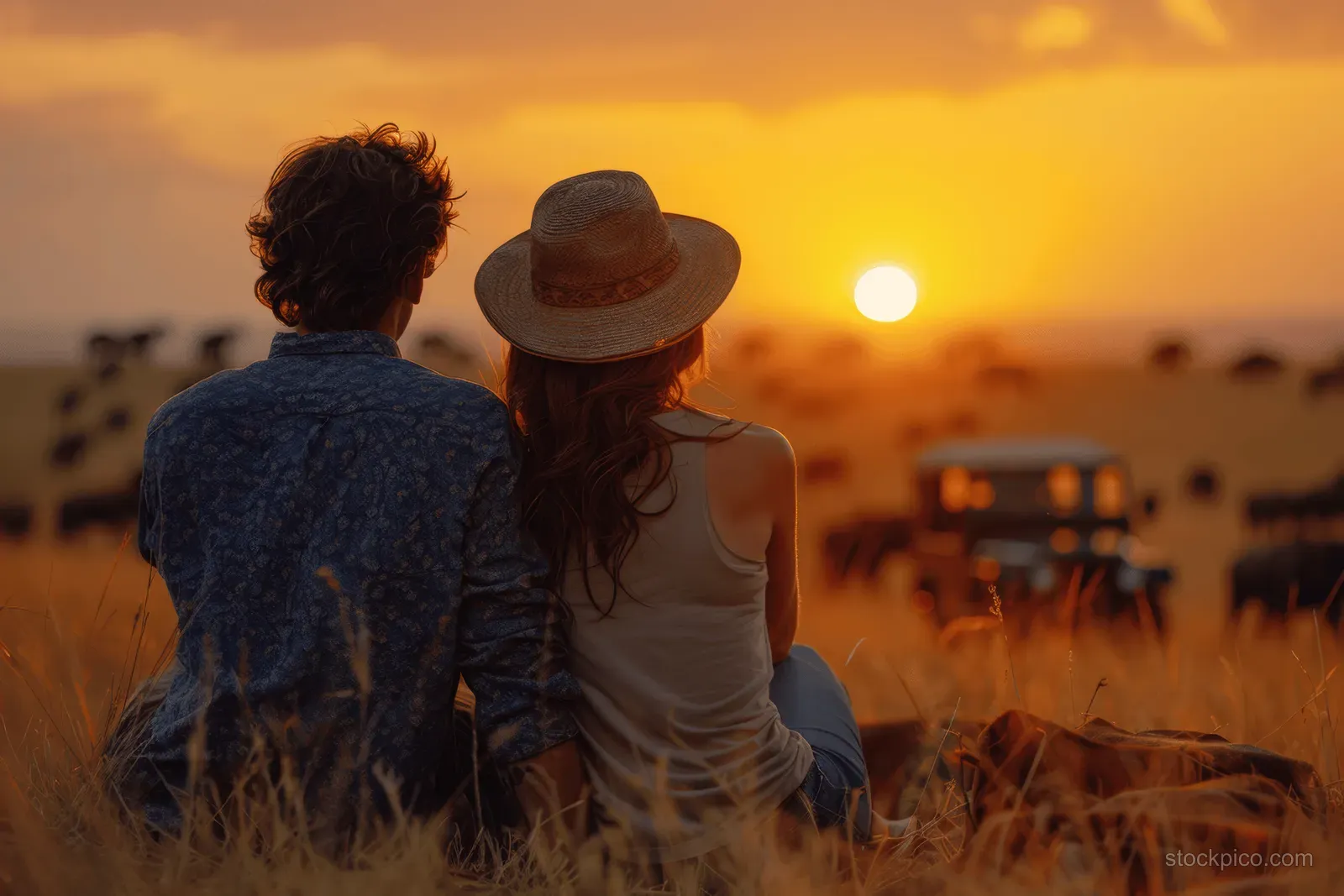 A young couple watches an African sunset from a vintage safari jeep on the savannah grassland.