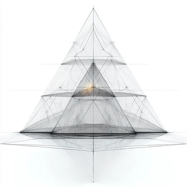 Layered transparent wireframe pyramid diagram with glowing center on clean white background