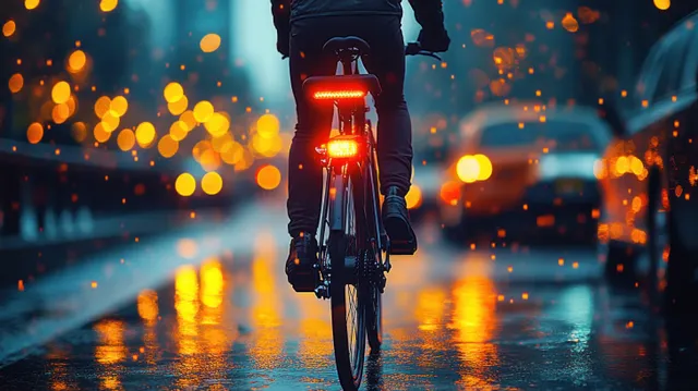 Cyclist rides a bicycle through a rain-slick street at night, glowing reflections behind
