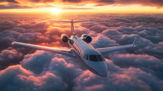 Private jet gliding above thick clouds at sunset, golden light reflecting on fuselage