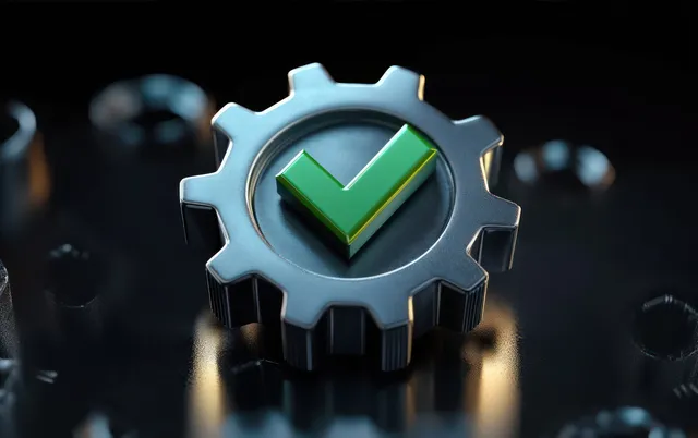 Metallic gear with a green checkmark symbol centered on a dark reflective surface.