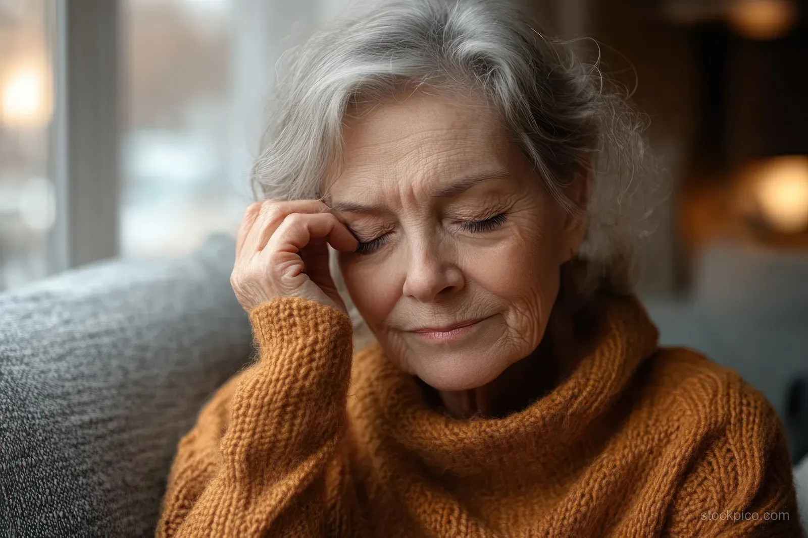 A senior woman sits in a cozy living room, visibly distressed by migraine symptoms and experiencing blurry vision.