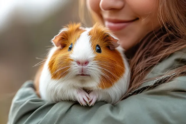 A veterinarian cuddles a guinea pig in a clinic while warm natural light creates a blurred bokeh background.