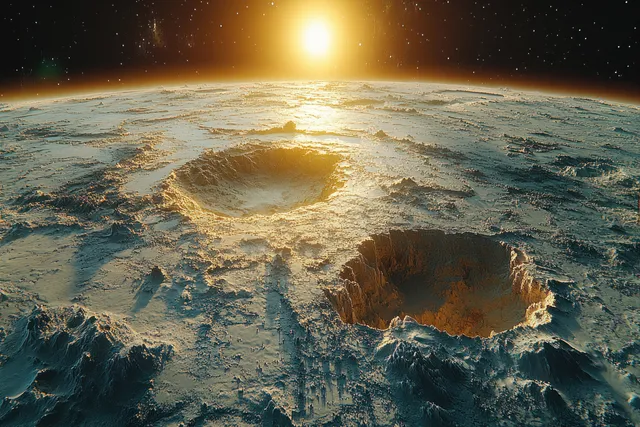 Earth seen from space with golden sunlight rim lighting and swirling cloud patterns