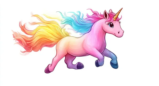 Smiling cartoon unicorn galloping to the right with a flowing rainbow mane and tail on a white background.