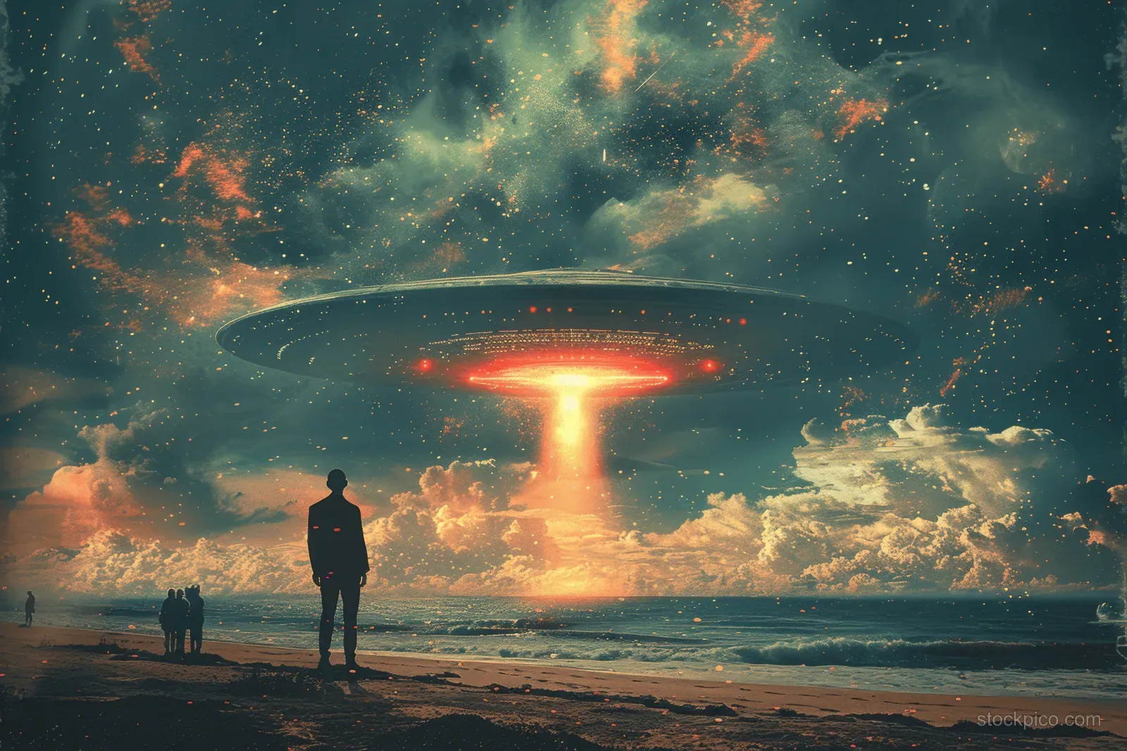 A man stands on a beach at night while a glowing alien UFO hovers above the ocean, shining a beam downward.