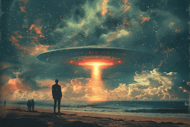 A man stands on a beach at night while a glowing alien UFO hovers above the ocean, shining a beam downward.