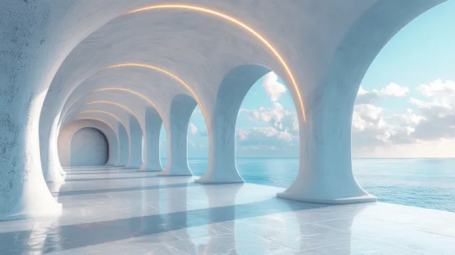 Futuristic empty interior with panoramic windows, golden arches, and ocean horizon view