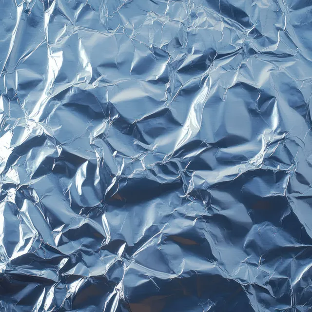 Crumpled blue aluminum foil macro with sharp creases and soft diffused light