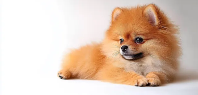 Fluffy orange-brown Pomeranian puppy lying on white background with curious side look